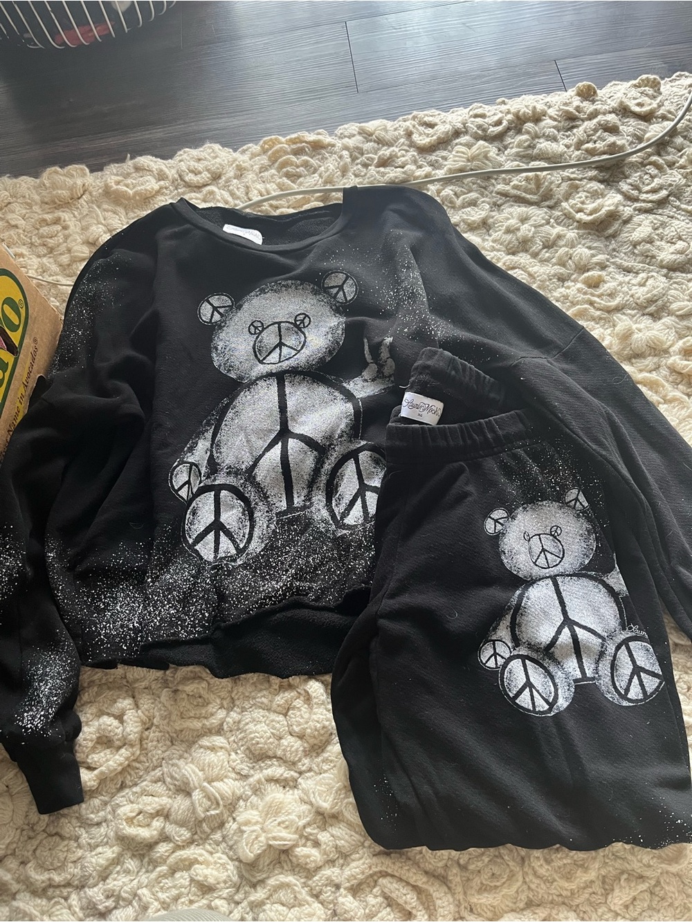Lauren Moshi Black & White Teddy Peace Sign Sweatshirt and Joggers Set